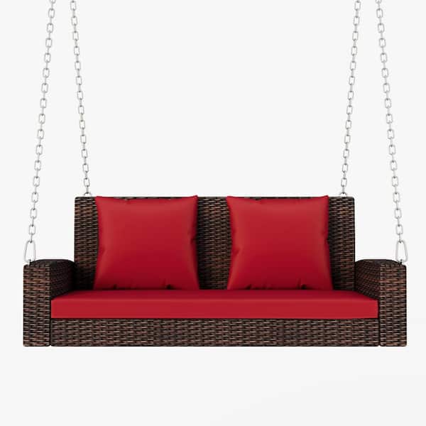 WELLFOR 2-Person Brown Wicker Porch Swing with Red Cushions and Pillows