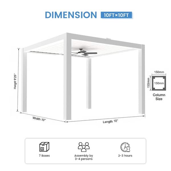 10 ft. x 10 ft. Ivory Aluminum Patio Pergola with Built-In Solar Panel, Ceiling Fan and Round LED Light