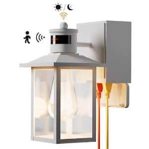 10.83 in. White Motion Sensing Dusk to Dawn Outdoor Hardwired Wall Lantern Scone with No Bulbs Included