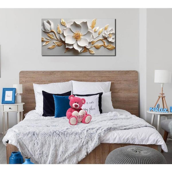 20 in. x 40 in. Framed White and Gold Flower Canvas Wall Art for