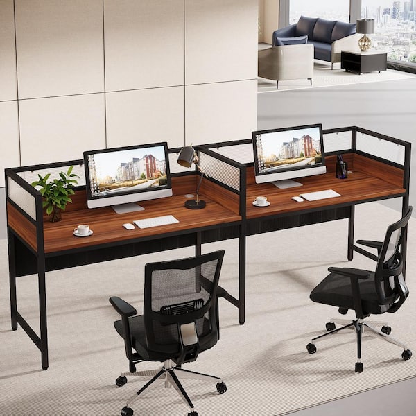 BYBLIGHT Capen 94.48 in. Rectangle Brown Wood Executive Desk with Privacy Panel, Long Computer Office Double Desk for 2-People