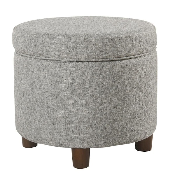 Benjara Gray Fabric Round Storage Ottoman Medium