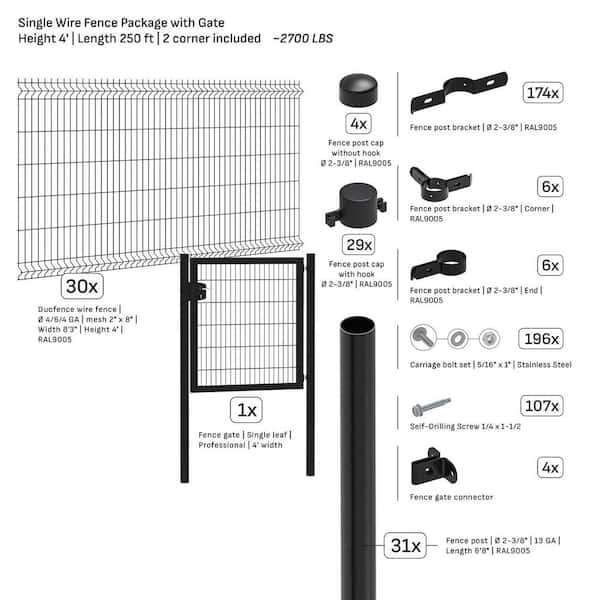 Single-Wire 250 ft. x 4 ft. Steel Flat Top Spaced Black Fence Panel Package with Gate (30-Pack)