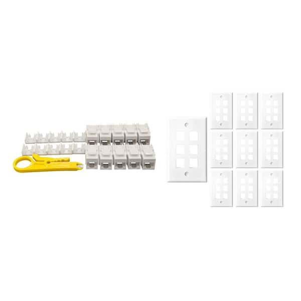 10-Pack 1-Gang White Keystone Plastic Wall Plates 6-Port and 10 Cat 6 RJ45 Keystone Jacks White