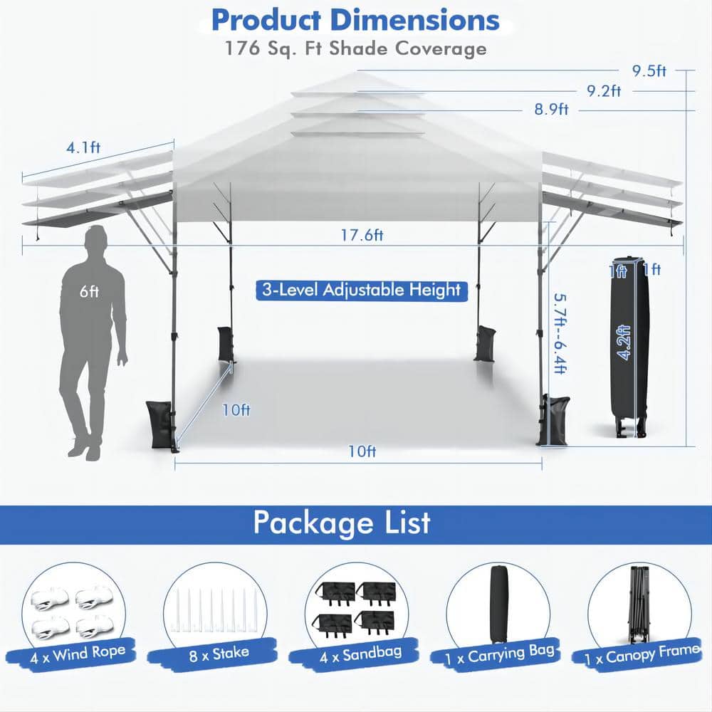 White 10' x 17.6' Outdoor Pop-Up Canopy Tent with Dual Awnings