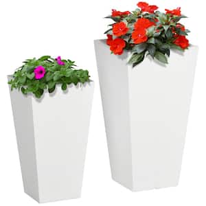 White Outdoor Metal Planter Set, Flower Pots with Drainage Holes, Durable and Stackable for Patio, Yard, Garden (2-Pack)