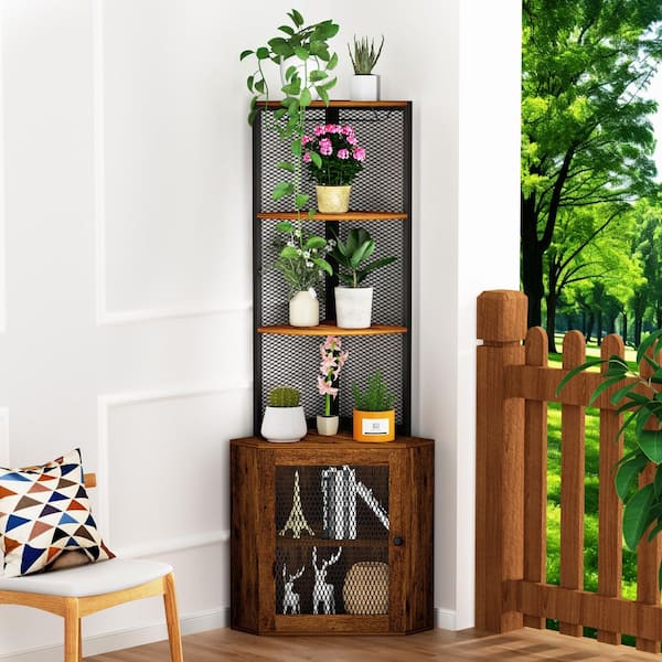 Freestanding 65 in. Corner Cabinet 6-Tier Bookshelf Display with Wine Glass Rack for Multiple Spaces in Rustic Brown