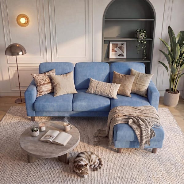 LACOO 72 in. Square Arm Chenille Sectional Couches,L Shaped Couch Sofa with Removable Ottoman,Small Couch for Living Room,Blue 0050C-BL-new