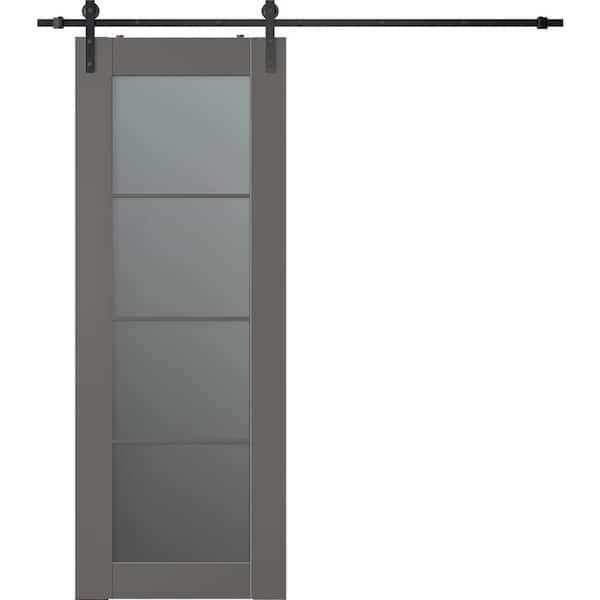 Belldinni Vona 4-Lite 18 in. x 96 in. 4-Lite Frosted Glass Gray Matte Wood Composite Sliding Barn Door with Hardware Kit