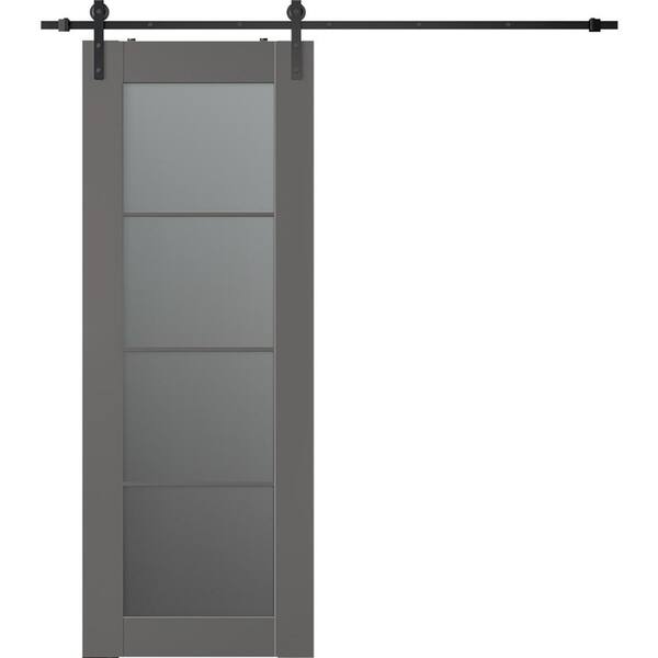 Belldinni Vona 4-Lite 32 in. x 96 in. 4-Lite Frosted Glass Gray Matte Wood Composite Sliding Barn Door with Hardware Kit