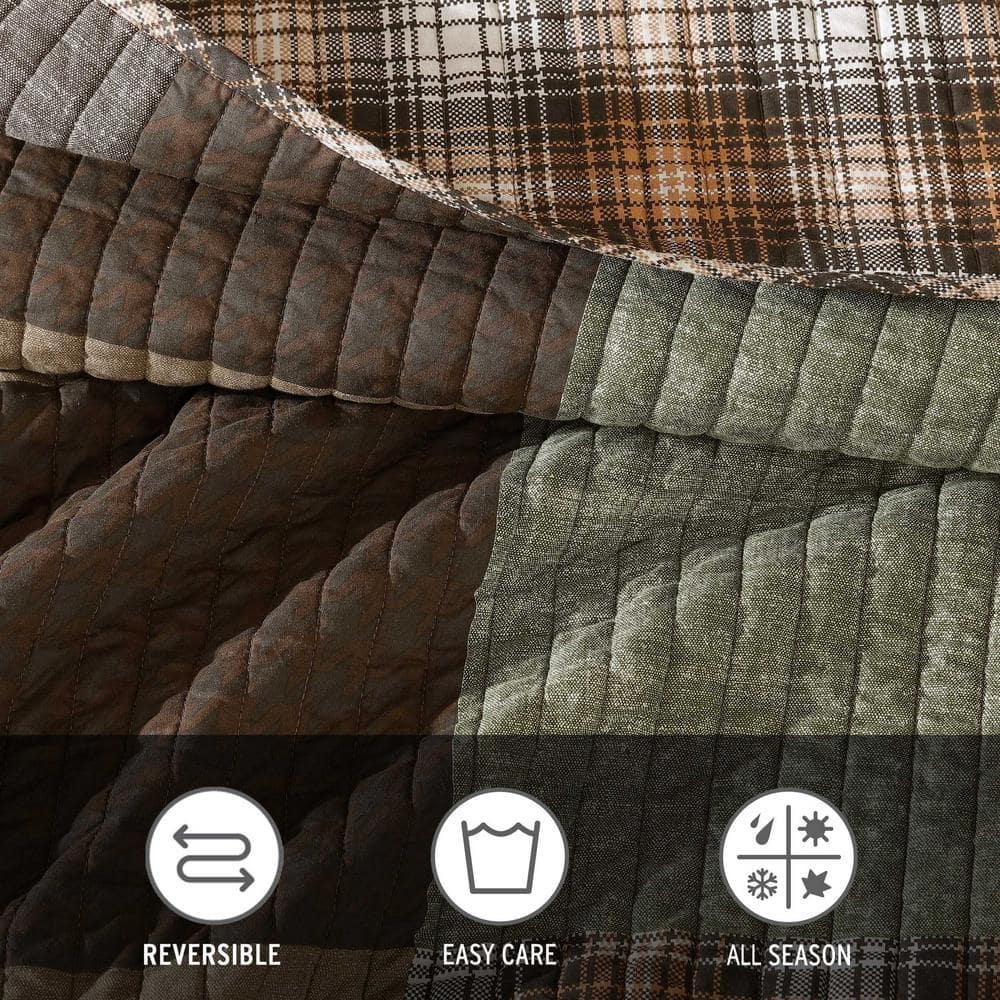 Full Brown Cotton Reversible Patchwork Quilt Set