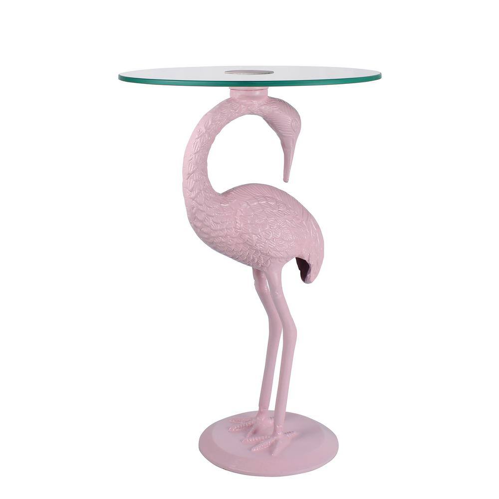 Blanche Pink Flamingo Round Glass Top Mid-Century End Table