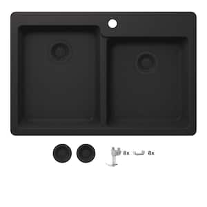 Stonehaven 33 in. Drop-In 60/40 Double Bowl Black Onyx Granite Composite Kitchen Sink with Black Strainer