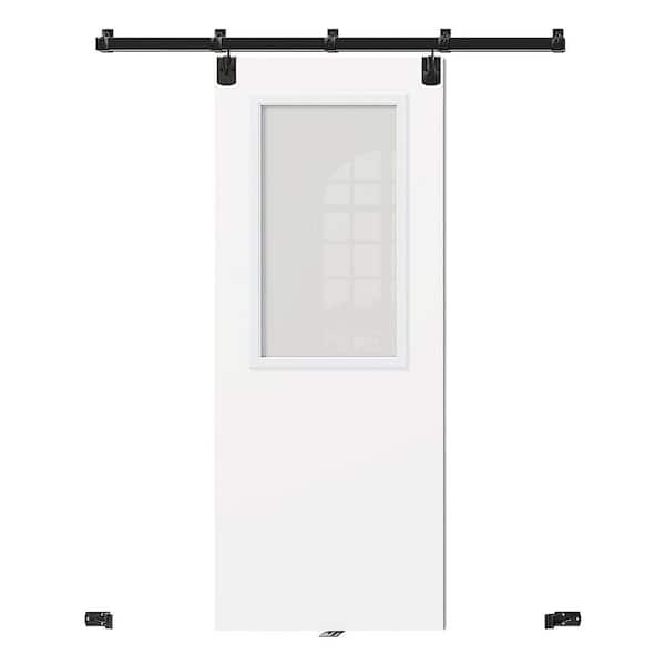 (2x30) 60 in. x 80 in. Full-Lite Frosted Glass White Primed Pine Wood Barn Door Slab with New Barn Door Hardware Kit