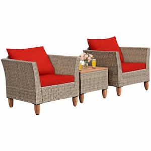 3-Piece Wicker Outdoor Patio Conversation Set Bistro Furniture Set with CushionGuard Red Cushions