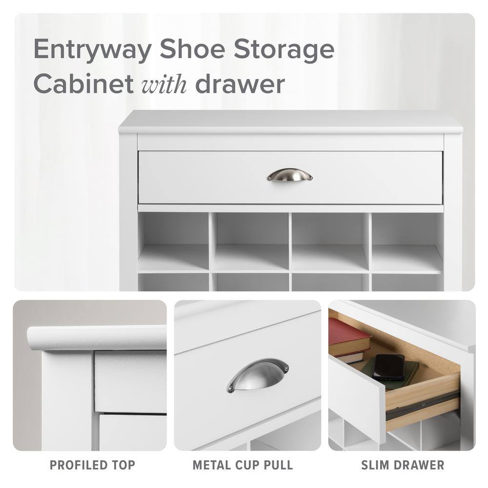 White 16-Cubby Entryway Shoe Storage Cabinet with Drawer