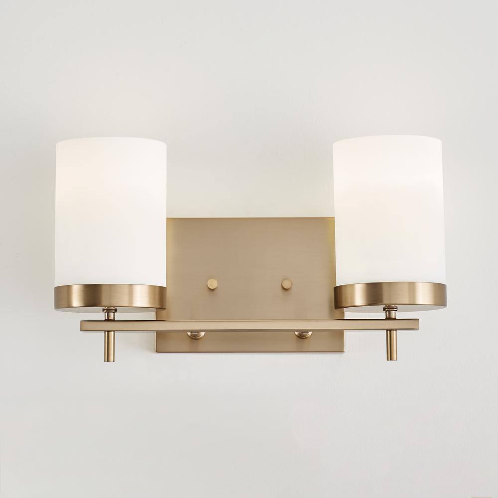Zire Elegant 2-Light Vanity Fixture in Satin Brass with Etched Glass