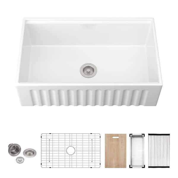 33 in. Farmhouse Fireclay Workstation Sink Single Bowl Glossy White Kitchen Sink with Accessories