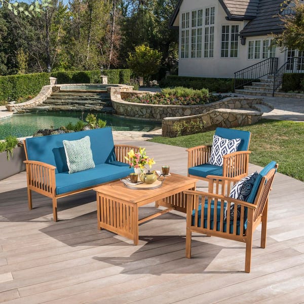 Coporesell Brown 4-Piece Acacia Wood Patio Conversation Set with Teal Blue Cushions