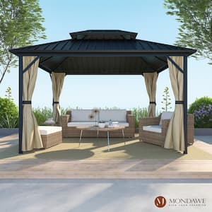 10 ft. x 12 ft. Outdoor Iron Frame Patio Gazebo Canopy Tent Shelter with Galvanized Steel Hardtop Roof, Curtain