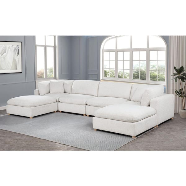 Dexter 80 in W. Straight Arm 6-Piece Boucle Fabric Modular Sectional Sofa in. Cream Color