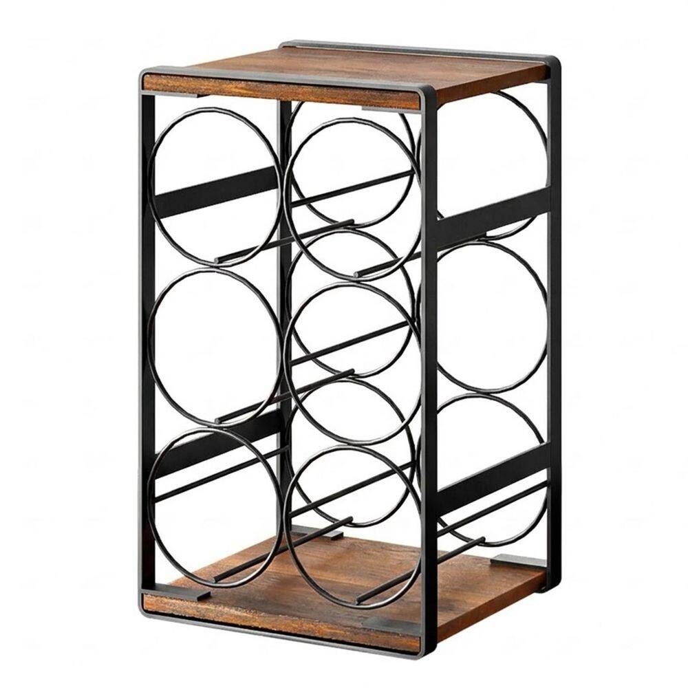 6 Bottles Black Rustic Brown Color Family Metal Wire Wood Kitchen Countertop Wine Rack Holder