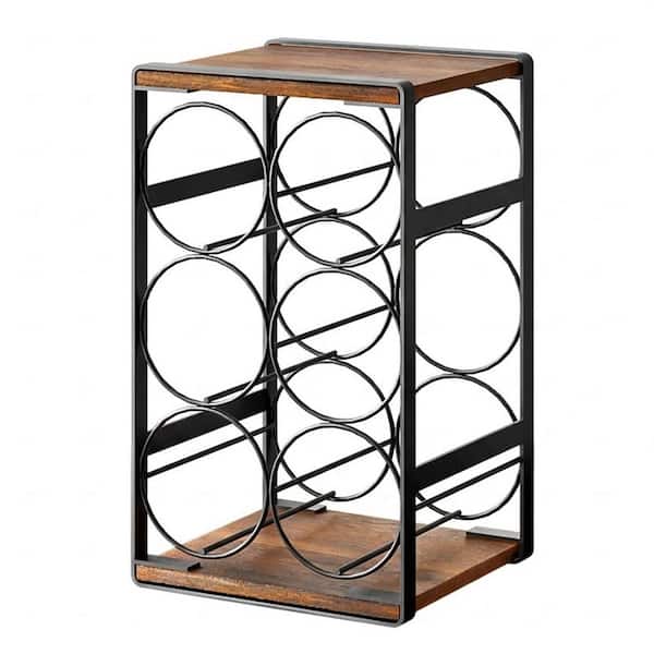 6 Bottles Black Rustic Brown Color Family Metal Wire Wood Kitchen Countertop Wine Rack Holder