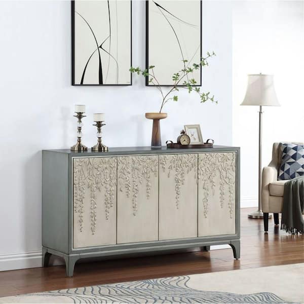 Gray Wood Relief 60 in. x 35 in. 4-Door Sideboard with Cream Front Doors and Cascading Leaf Design