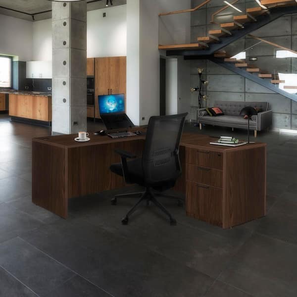 Legacy 71 in x 82 in. Neo Walnut L Desk with Single Full Pedestal Drawer Unit