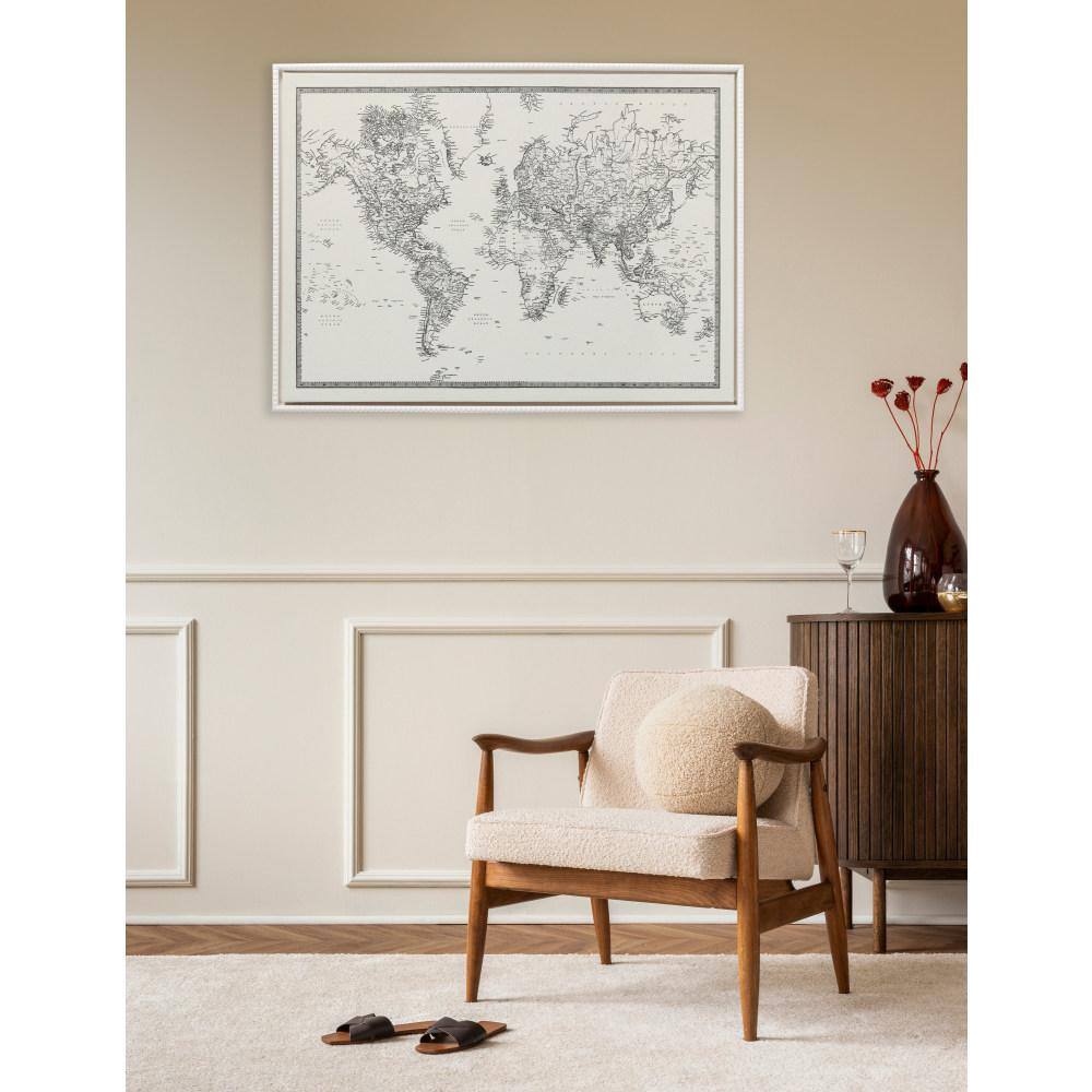 Vintage Black and White World Map Framed Canvas Art, 28"x38"