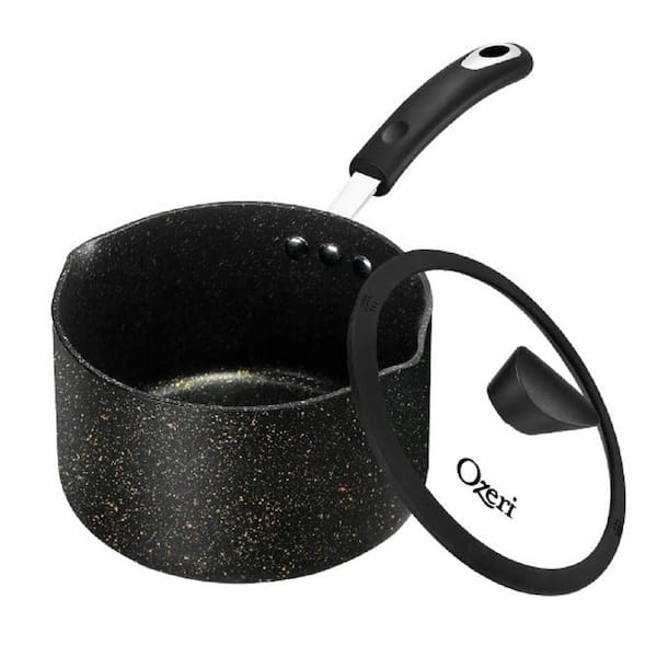 3.2 qt. Stone Layered with Aluminum Core Nonstick Saucepan in Obsidian Gold with Silicone Coated Handle and Glass Lid