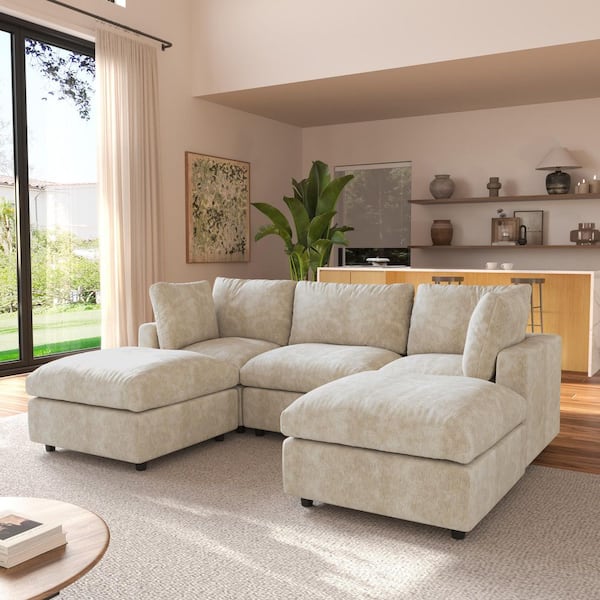 33.5 in. Armless Chenille Ottoman Modular Free Combination Sectional Sofa Ottoman in Light Brown 1-Piece