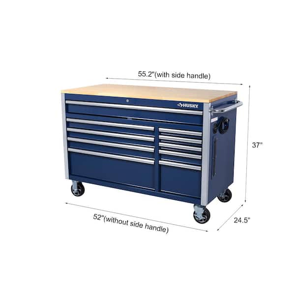 52 in. W x 25 in. D 10-Drawer Mobile Workbench Tool Chest with Solid Wood Work Top in Gloss Blue