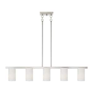 Delray 43.75 in. 5-Light Brushed Nickel Industrial Linear Chandelier with Satin Opal White Glass and No Bulbs Included