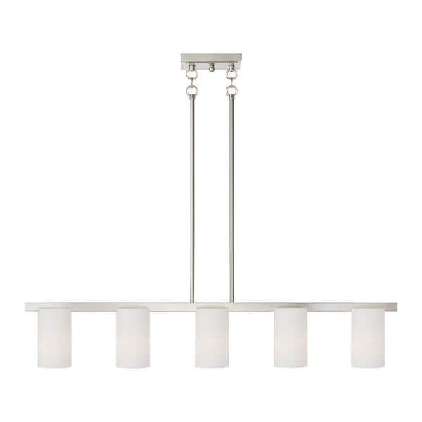 Livex Lighting Delray 43.75 in. 5-Light Brushed Nickel Industrial Linear Chandelier with Satin Opal White Glass and No Bulbs Included