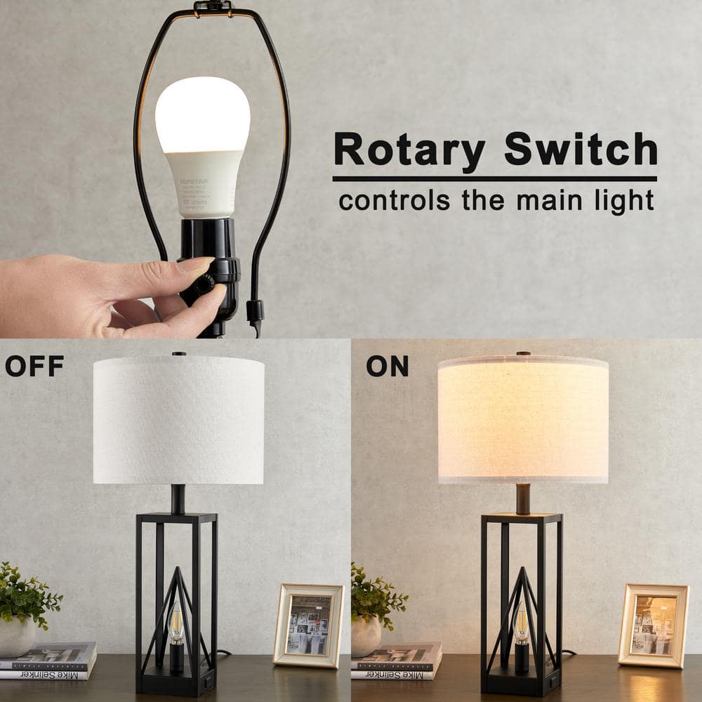 Black Metal 23.5'' Table Lamp Set with USB Ports and Night Light