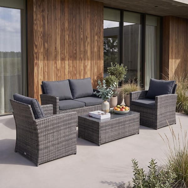 4-Piece Grey Wicker Outdoor Conversation Set with Coffee Table, Dark Grey Cushions
