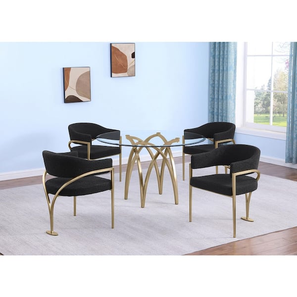 Best Quality Furniture Bayton 5-Piece Clear Tempered Glass Top Brushed Matte Gold Chrome-Plated Base Dining Set With 4-Black Color Chairs
