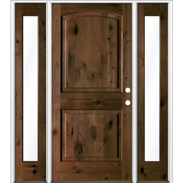 58 in. x 80 in. Knotty Alder 2 Panel Arch-Top Left-Hand/Inswing Clear Glass Espresso Stain Wood Prehung Front Door DFSL