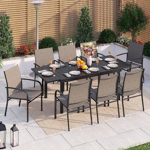Black 9-Piece Metal Expandable Table Patio Outdoor Dining Set with Brown Textilene Chairs