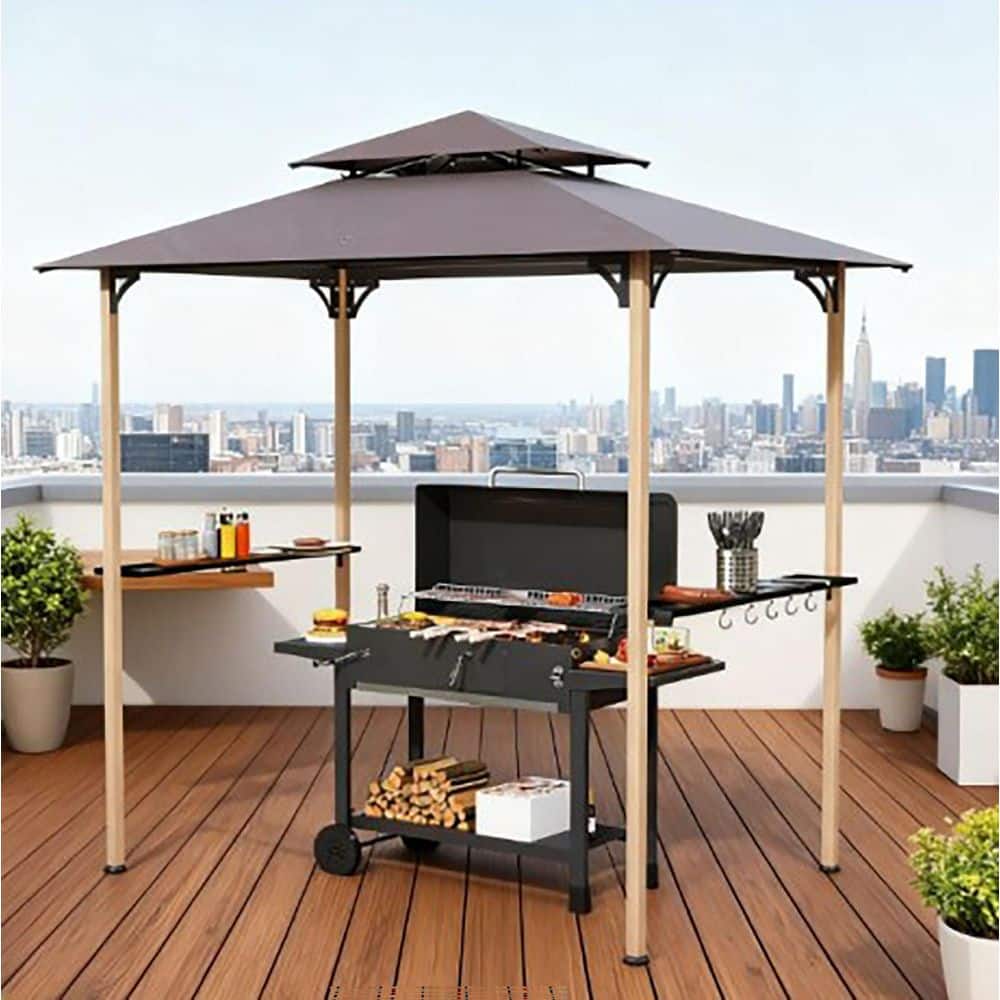 GAZEBEST 8 ft. x 5 ft. Brown Double Tiered Grill Gazebo, Outdoor BBQ Shelter with Side Shelves and Hooks