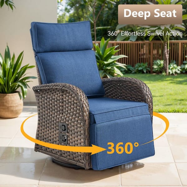 PlainCurve 4-Piece Brown Wicker Outdoor Adjustable Swivel Recliner Chair with Navy Blue Cushions