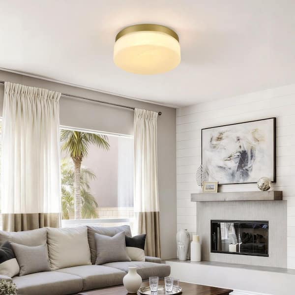 GMGSROM 11.4 in. LED Gold Flush Mount With Cloudy Glass Shade