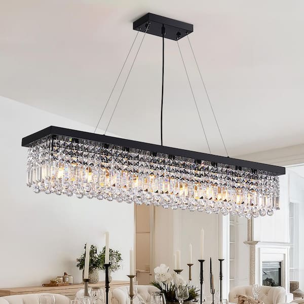 47" 10-Light Black Crystal Rectangular Chandelier for Living Room