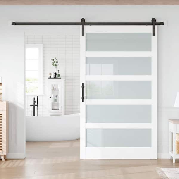 46 in. x 84 in. 5-Lite Frosted Glass White Finished MDF Sliding Barn Door with Hardware Kit