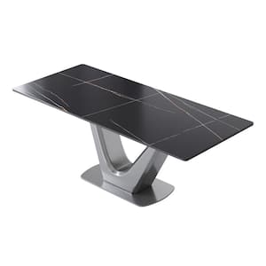78.74 in. Bottom V Black Sintered Stone Tabletop Gunmetal Gray Pedestal Base Dining Table (Seats 8)