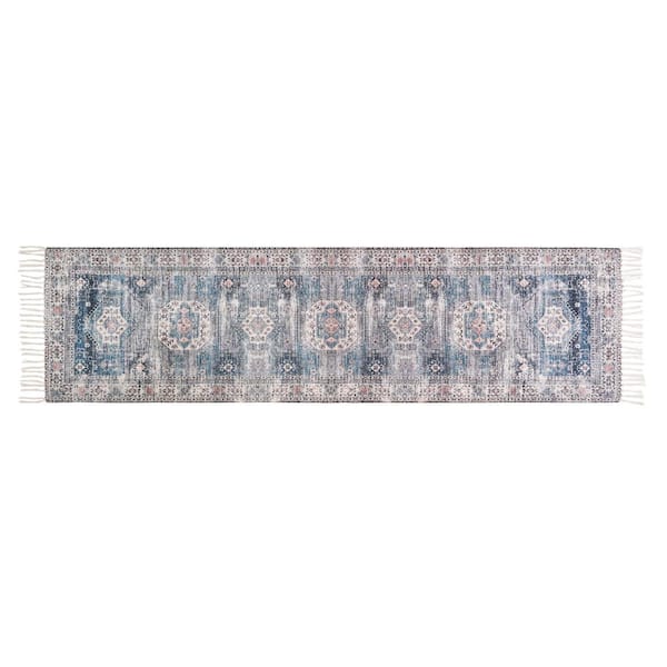 Jessica Simpson Chinille Fringe Machine Washable Blue2 ft. x 8 ft. Medallion Runner Rug