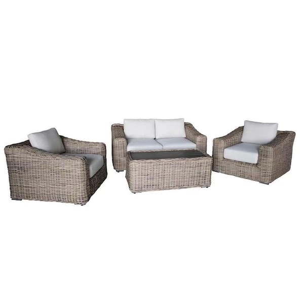 Kinger Home Hawaii 4-Piece Vintage Rattan Wicker Deep Seating Patio Conversation Set With Ivory Cushions