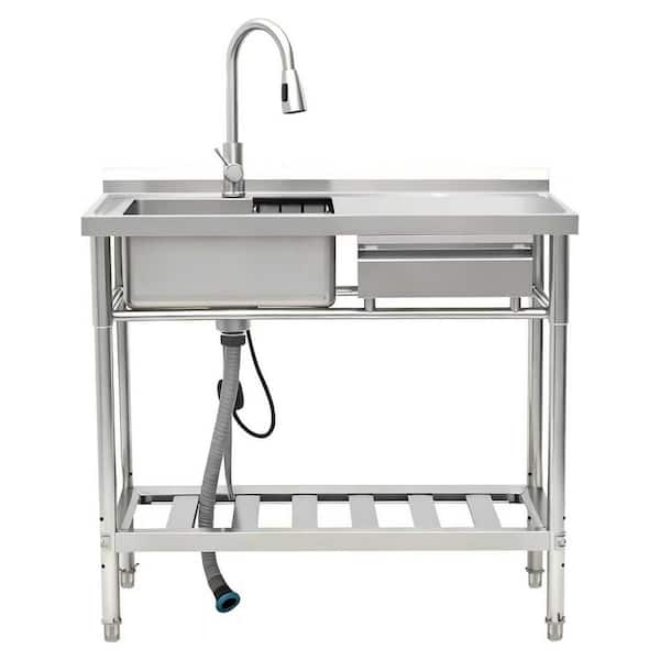 39 in. Freestanding 1-Compartment Commercial Kitchen Sink in Stainless Steel with Faucet