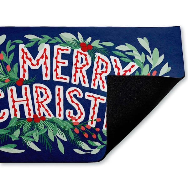 Merry Christmas and Greenery Blue 18 in. x 30 in. Polyester Non-Slip Outdoor Door Mat